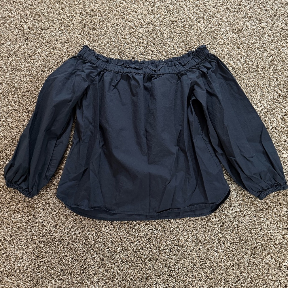 J.Crew Black Off Shoulder Blouse Size 6 Cotton Elastic Cuffs Long Sleeve Top
